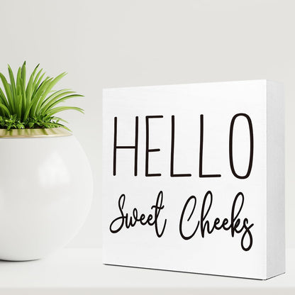 Funny Bathroom Wood Block Signs,Hello Sweet Cheeks Wooden Box Sign for Bathroom Shelf Toilet Restroom Home Tabletop Desk Decor,Rustic Bathroom Sign Decor - WoodArtSupply