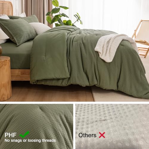 PHF Soft Waffle Comforter Set King Size- Comfy Breathable Waffle Weave Comforter with 2 Pillow Shams, 3 Pieces Less Snagging Lightweight Textured Bedding Set for All Season, Olive Green PHF
