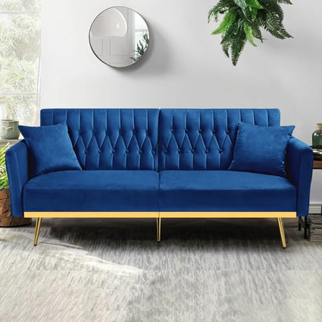 ACMEASE 70” Velvet Futon Sofa Bed w/Adjustable Armrests and Backrest, Convertible Futon Couch w/2 Pillows, Modern Sleeper Bed for Living Room, Bedroom, Blue ACMEASE