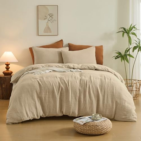 Simple&Opulence Linen Muslin Duvet Cover Set California King, 3Pcs Camel Linen Cotton 3-Layer Gauze Minimalist Comforter Cover 104”x98”, Ultra Soft Breathable Seersucker Bedding Set with 2 Pillowcases Simple&Opulence