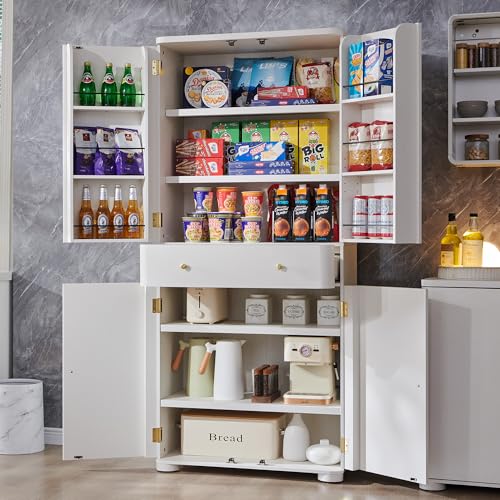 IFGET 71" Tall Kitchen Pantry, Modern Curved Pantry Storage Cabinet with 4 Doors and 6 Adjustable Shelves, Cupboard for Kitchen, Dining Room, Living Room and Bathroom, White IFGET