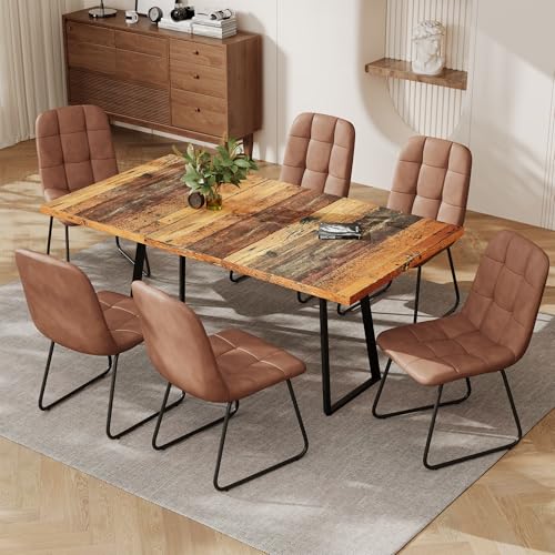 ZckyCine Extendable Dining Table Set 47"-63", Rustic Wood Table with 6 PU Leather Chairs, Modern Scandinavian Dining Room Furniture for Kitchen Apartment ZckyCine