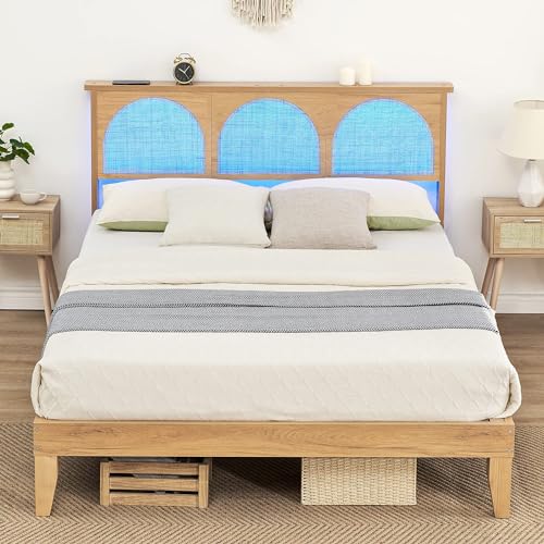IDEALHOUSE Queen Size Rattan Bed Frame with LED Headboard and Under-Bed Storage IDEALHOUSE