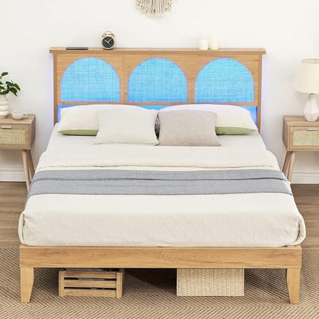 IDEALHOUSE Queen Size Rattan Bed Frame with LED Headboard and Under-Bed Storage IDEALHOUSE