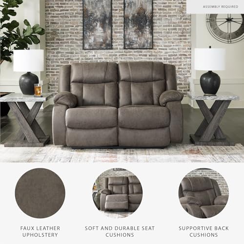 Signature Design by Ashley First Base Contemporary Faux Leather Manual Reclining Loveseat, Gray Signature Design by Ashley