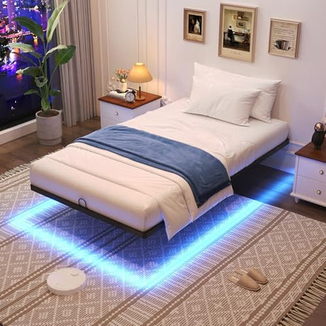 Awesofurni Floating Bed Frame Twin Size, Twin Bed Frame with Smart LED Lights, Heavy Duty Modern Metal Platform Bed No Box Spring Needed - Easy Assembly and Noise Free Awesofurni
