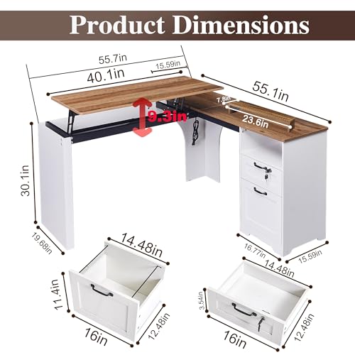 LayBurst 55" Farmhouse L-Shaped Desk with Lift Top,Movable Monitor Stand,L Shaped Standing Office Desk with Lockable Drawer & Adjustable File Drawer,Lift Top Computer Desk with Power Outlets LayBurst