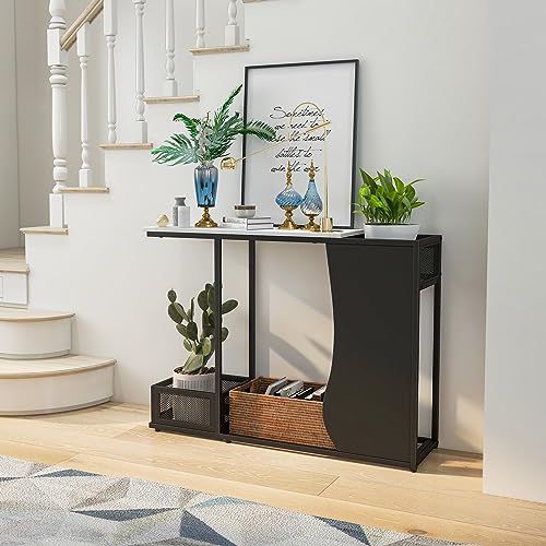 Giantex 43.5" Console Table for Entryway - Modern Entry Table with Faux Marble Top, 2 Mesh Storage Compartments, Metal Frame, Foyer Table, Narrow Sofa Table for Living Room, Hallway, White + Black Giantex