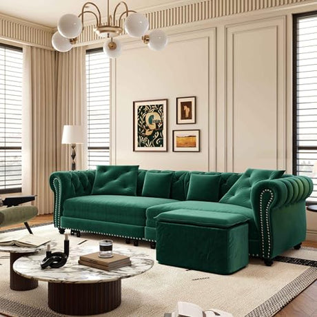 LuxyHoom 89" King Pull Out Sofa Bed, Velvet Chesterfield Sleeper Sofa Couch, 3 in 1 Convertible Tufted Futon Couches with Ottoman for Living Room, Small Space, Apartment, Office, Bedroom, Green LuxyHoom