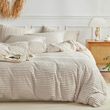 WARMDERN Boho Duvet Cover Set King Size,Khaki Striped Duvet Cover Microfiber Bedding Set,3PCS Ultra Soft Breathable Lightweight Tuft Texture Pattern Duvet Covers with Zipper Closure(Khaki,King) WARMDERN