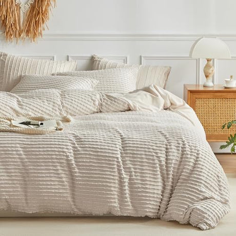 WARMDERN Boho Duvet Cover Set King Size,Khaki Striped Duvet Cover Microfiber Bedding Set,3PCS Ultra Soft Breathable Lightweight Tuft Texture Pattern Duvet Covers with Zipper Closure(Khaki,King) WARMDERN