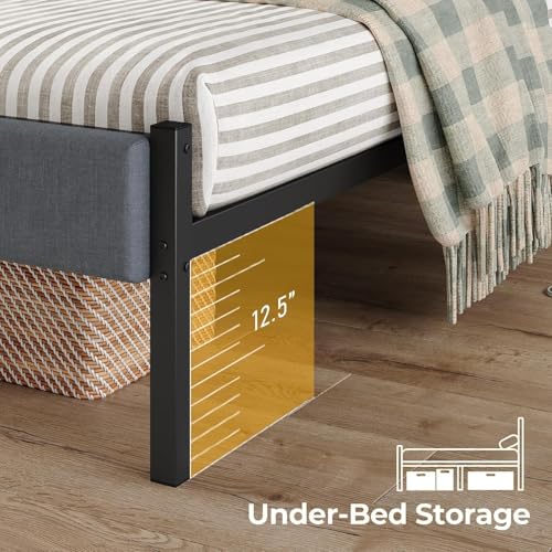 Full Bed Frames with Charging Station, LED Lights Bed with Grey Upholstered Headboard, Under Bed Storage, With Heavy Duty Slats Support, No Box Spring Needed, Noise Free, Easy Assembly, Black CollaredEagle