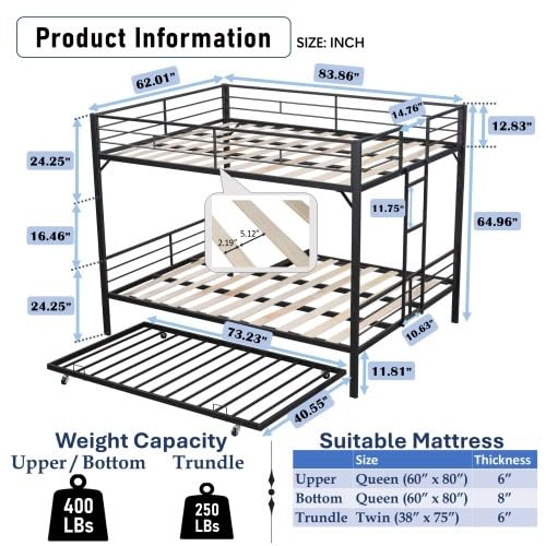 UOCFYK Queen Over Queen Bunk Bed with Trundle, Heavy-Duty Metal Bunkbed with Ladders & Full-Guardrail for Kids/Teen/Adults, Noise-Free Wood Slats, Space Saving, No Box Spring Needed, Black