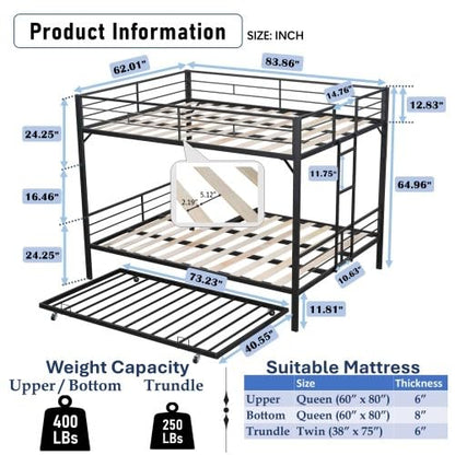 UOCFYK Queen Over Queen Bunk Bed with Trundle, Heavy-Duty Metal Bunkbed with Ladders & Full-Guardrail for Kids/Teen/Adults, Noise-Free Wood Slats, Space Saving, No Box Spring Needed, Black