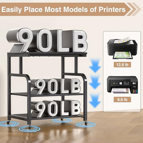 niffgaff Mobile Printer Stand with Large Desktop - 3 Tier Shelf, 24.4 Inch Height, Wooden Organizer for Home&Office, Black niffgaff