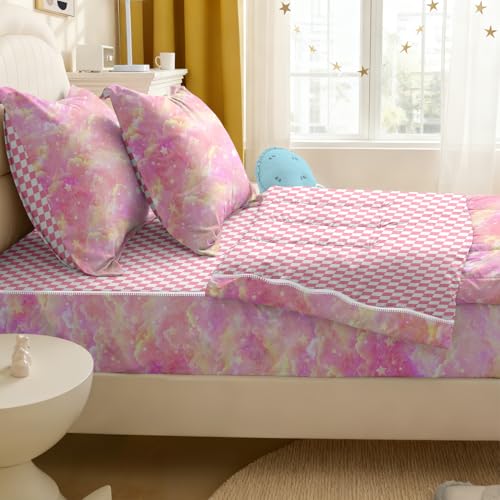 Yadangxiawa Kids Comforter Set,Zipper Bedding Twin for Girls,Pink Cloud Printed Comforter Set with Pink Checkerboard Fitted Sheets and Pillowcases for All Season(Cloud Twin) Yadangxiawa