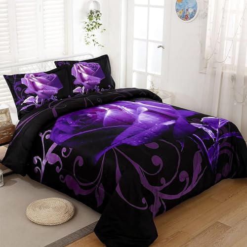 WONGS BEDDING Purple Comforter Set Twin, Reversible Purple Rose Pattern Printed Bedding Down Comforter with 1 Pillowcases for All Seasons, Soft Microfiber Filling Bedding Set 90"x68" WONGS BEDDING