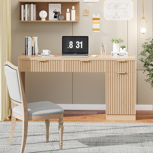 Vabches 60" Executive Desk with Fluted Drawers, Wood Home Office Desk with Storage Cabinet, Charging Station, Fluted Computer Writing Desk for Study, Living Room, Natural Oak. Vabches
