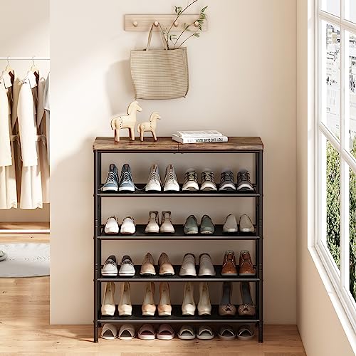 INGIORDAR Shoe Rack Organizer 5 Tier Metal Organizer Shelf with Industrial MDF Board and Layer Fabric for Entryway Closet Bedroom Living Room Garage,Black & Rustic Brown - WoodArtSupply