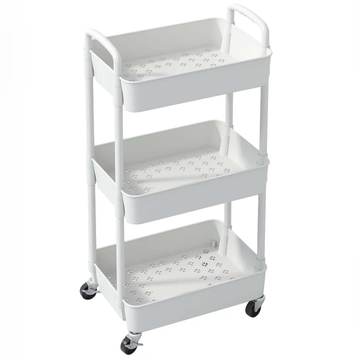 Sywhitta 3-Tier Plastic Rolling Utility Cart with Handle, Multi-Functional Storage Trolley for Office, Living Room, Kitchen, Movable Storage Organizer with Wheels, White Sywhitta