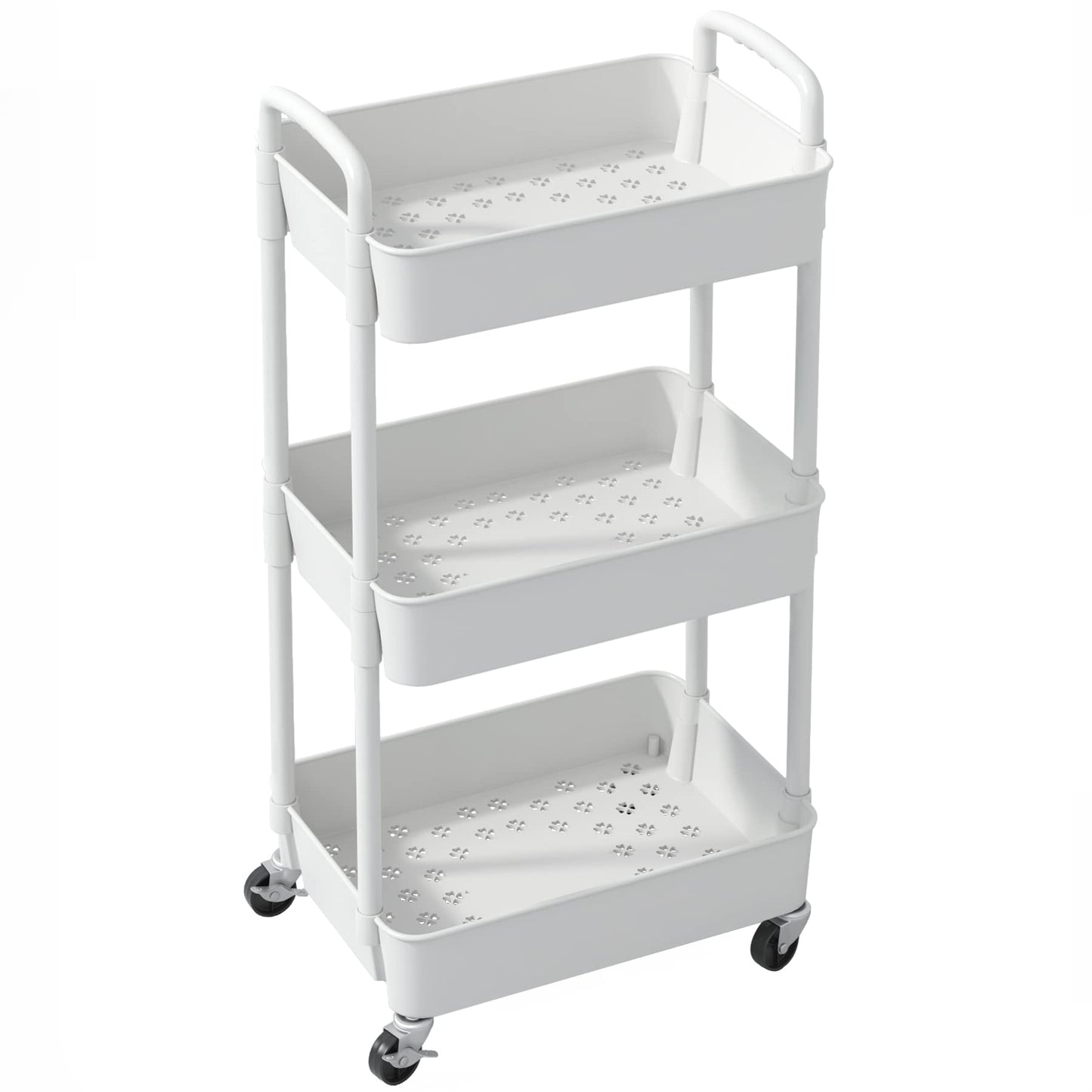 Sywhitta 3-Tier Plastic Rolling Utility Cart with Handle, Multi-Functional Storage Trolley for Office, Living Room, Kitchen, Movable Storage Organizer with Wheels, White - WoodArtSupply