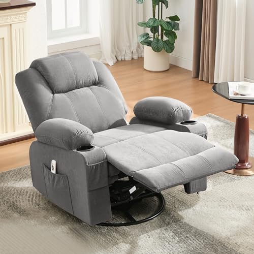 Weture Swivel Rocker Recliner Chair with Heat and Massage, 360 Degree Swivel Recliner Chair with Cup Holders and USB Port, Big Oversized Rocking Single Sofa for Living Room (Fabric, Cloud Grey)
