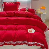 MOOWOO Christmas Chic Ruffle Lace Polyester Duvet Cover Set -Girl Red Bedding-2 Piece Twin Duvet Cover with Zipper Closure -Ultra Soft and Light Weight MOOWOO