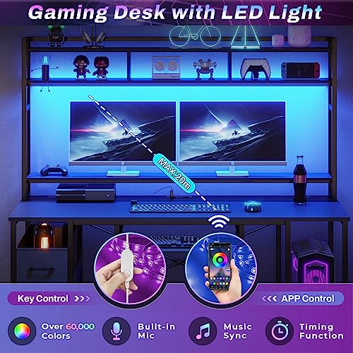 SEDETA Gaming Computer Desk, 55" Gaming Desk with LED Lights and Hutch, Computer Desk with Drawer, Power Outlet, Storage Shelves and Monitor Stand, Home Office Desk, Gamer Desk PC Table, Black
