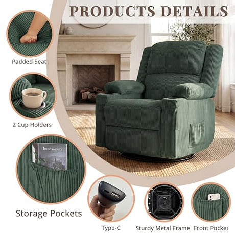 IKAKOS 360 Degree Swivel Rocker Recliner Chair with Heat and Massage, Soft Corduroy Manual Reclining Nursery Glider with USB Port, 2 Cup Holders & 4 Storage Pockets, 400lbs Capacity (Green) IKAKOS