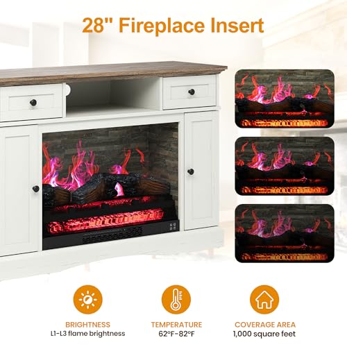 RoyalCraft TV Stand with 28'' Fireplace for TVs up to 55'', Media Console Table with Adjustable Shelves, Double-Door Design, Entertainment Center for Living Room, Bedroom, White RoyalCraft