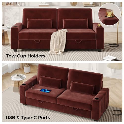 COPIAE Loveseat Sofa, Larger Couch Velvet Fabric with Storage, Charging Ports, Heightened Backrests, Removable Cover Modern Comfy Couches Easy Assembly for Living Room, 88 Inch Burgundy COPIAE