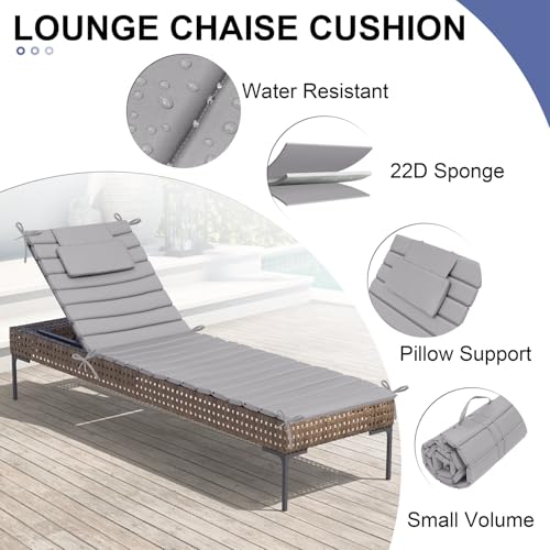Crestlive Products Chaise Lounge Cushion Outdoor Set of 2, Foldable Waterproof Pool Lounge Chair Cushions with Straps, Lounger Cushions for Outdoor Furniture， 71''Lx21''W (Light Gray)