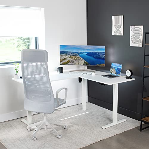 VIVO Corner Standing Desk, 63 x 55 inch Reversible L-Shaped Workstation, Electric Height Adjustment, Home, Office, and Reception Rooms, White Table Top White Frame, DESK-E3CTW VIVO