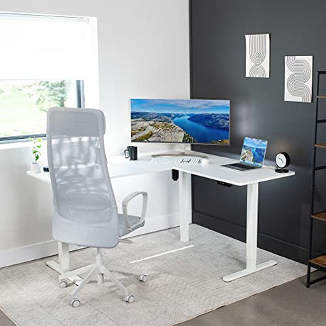 VIVO Corner Standing Desk, 63 x 55 inch Reversible L-Shaped Workstation, Electric Height Adjustment, Home, Office, and Reception Rooms, White Table Top White Frame, DESK-E3CTW VIVO