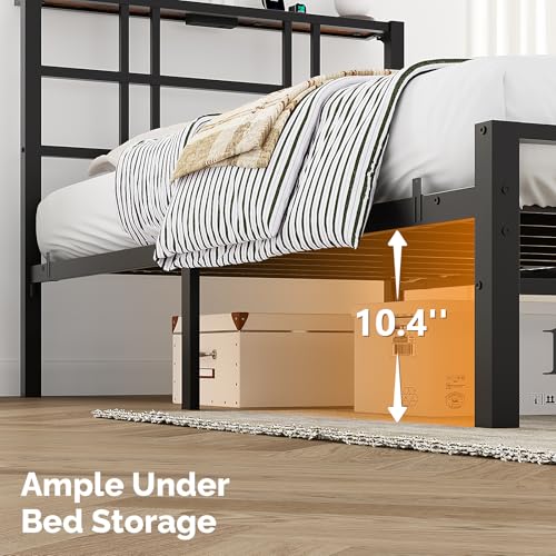VINGLI Twin Bed Frame with Storage Headboard, LED Lights, and Charging Station, Single Metal Platform Pannel Bed with Wooden Storage Shelf, Underbed Storage Space, Apartement, Black VINGLI