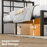 VINGLI Twin Bed Frame with Storage Headboard, LED Lights, and Charging Station, Single Metal Platform Pannel Bed with Wooden Storage Shelf, Underbed Storage Space, Apartement, Black VINGLI