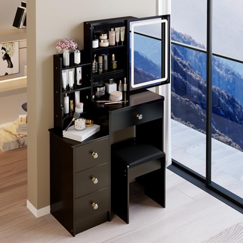 Montary 29.2" Small Size Vanity Desk Set with Plush Cushioned Stool - Sliding Mirror with Adjustable LED Light, Drawers, Multi-Layer & Hidden Storage,Practical & Stylish, Black Montary