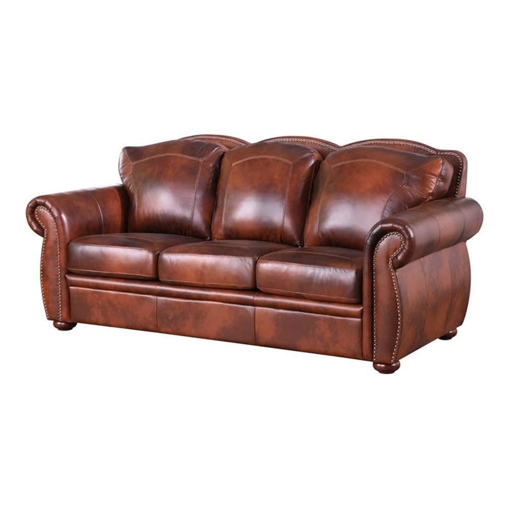 BOWERY HILL Traditional Geuine Leather Sofa in Marco Brown Finish BOWERY HILL