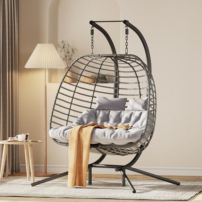 Double Hanging Egg Chair wth Stand, Patio Hammock Swing Chair with Cushion Loveseat for Bedroom, Balcony, Garden, Indoor, Outdoor - WoodArtSupply