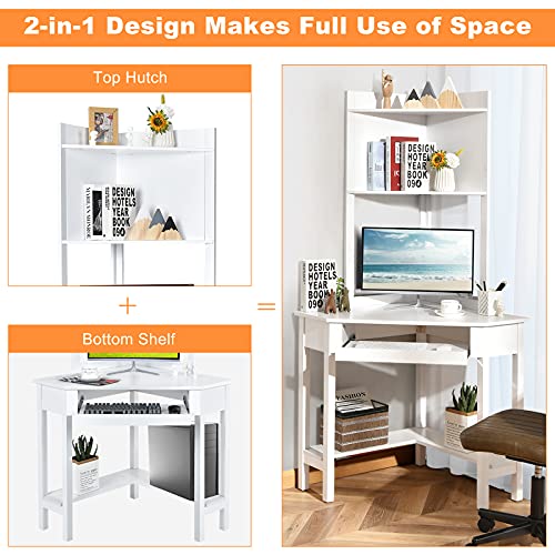 Tangkula White Corner Desk with Hutch, 90 Degrees Triangle Computer Desk with Keyboard Tray & Bookshelves for Small Space, Space Saving Writing Desk with Storage Shelves for Bedroom Apartment Tangkula