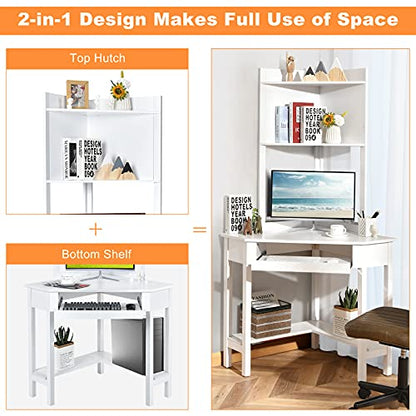 Tangkula White Corner Desk with Hutch, 90 Degrees Triangle Computer Desk with Keyboard Tray & Bookshelves for Small Space, Space Saving Writing Desk with Storage Shelves for Bedroom Apartment - WoodArtSupply