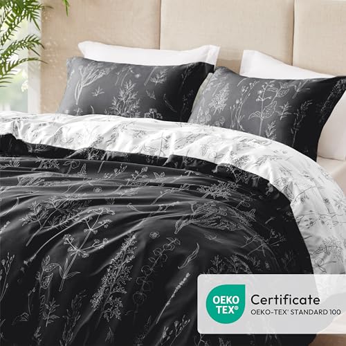 Love's cabin King Size Comforter Set Black - King Comforter Set, 3 Pieces Cute Floral Bedding Sets for All Seasons,1 Soft Reversible Botanical Flowers Comforter and 2 Pillow Shams Love's cabin