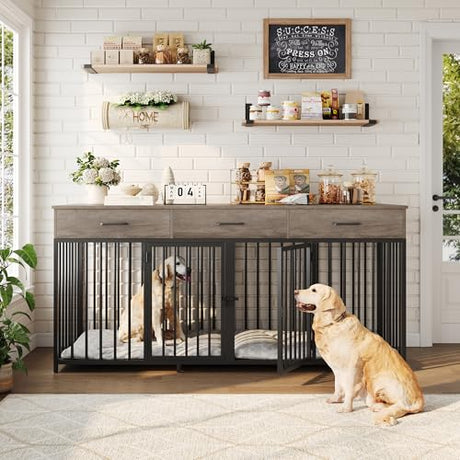 HOSTACK Double Dog Crates Furniture, 71" Wide Indoor Dog Kennel with 3 Drawers, Farmhouse Dog Cage for 2 Large/Medium Dogs, Heavy Duty Dog Crate with Removable Divider, Wooden Pet House, Ash Grey HOSTACK