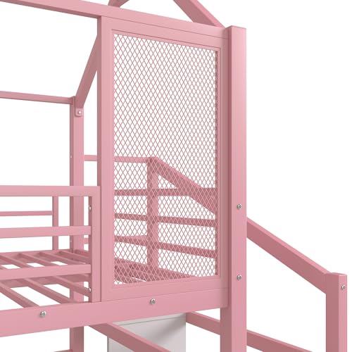 Bellemave House Loft Bed Full Size, Full Size Loft Bed with Storage Stairs and Open Wardrobe, Heavy Duty Loft Beds with Slide for Girls, Boys, Noise-Free Design Pink Bellemave