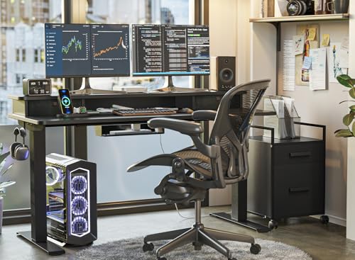 FEZIBO 40 x 24 Inch Height Adjustable Electric Standing Desk with Double Drawer, Computer Desk, Home Office Stand Up Table with 4 Height-Adjustable Feets & 2 Hooks, Black FEZIBO