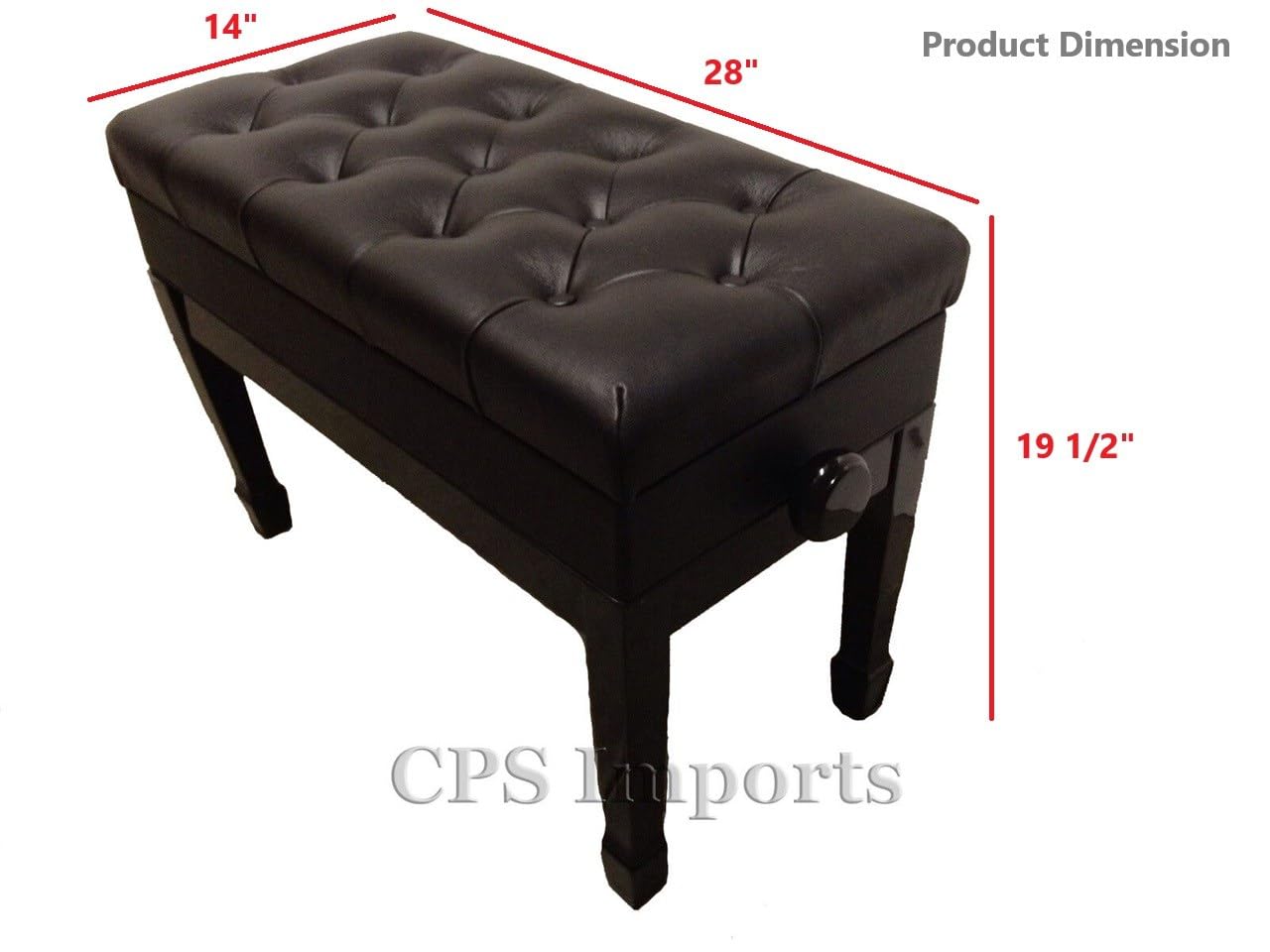 CPS Imports Genuine Leather Adjustable Duet Size Artist Piano Bench Stool in Ebony with Music Storage - WoodArtSupply