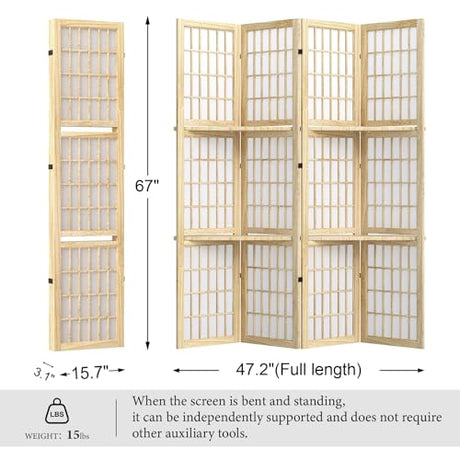 5.6FT Room Divider and Folding Portable Partition Screen, Chinese Japanese Shoji Style with Three Display Shelves for Room Separation - 4 Panel (Natural) Svimi