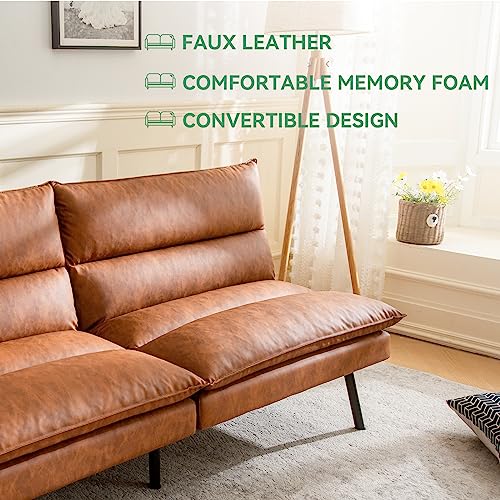 Vyfipt Futon Sofa Bed/Couch,3” Memory Foam Small Splitback Sofa,Faux Leather Modern Loveseat for Living Room,Apartment,Studio,Guest Room,Home Office,71" L (Brown) Vyfipt