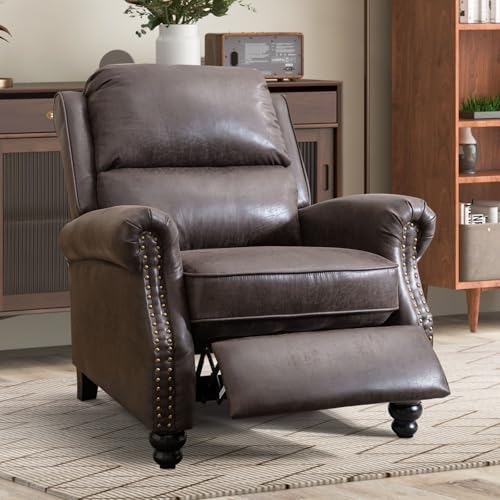 CANMOV Pushback Recliner Chair Faux Leather Armchair Push Back Recliner with Rivet Decoration Single Sofa Accent Chair for Living Room, Dark Grey