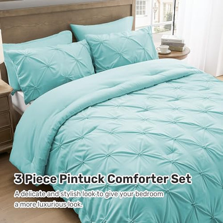 UNIKOME King Size Comforter Set Aqua Blue - Ultra Soft Boho Pintuck Down Alternative Bedding Set for All Seasons, 3 Pieces Lightweight Warm Pinch Pleat Bed Set with Comforter, 2 Pillowcases UNIKOME
